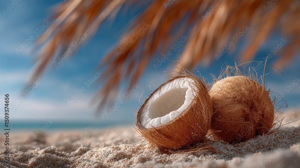 Poster two open coconuts rest on the warm sand of a tranquil beach. the scene is calm with clear blue skies