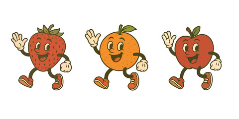 Happy Cartoon Fruit Characters Isolated on Transparent Background &ndash; Strawberry, Orange, and Apple in Retro Style