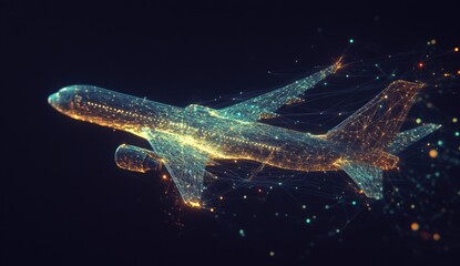 Digital airplane in flight.  Abstract representation of a commercial jet, composed of glowing particles and lines, highlighting  the interconnected technology of modern air travel