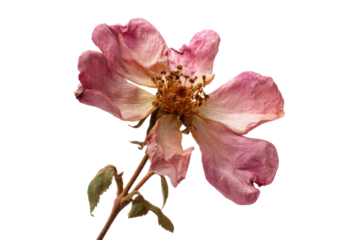 Withered pink rose bloom against black background, cut out