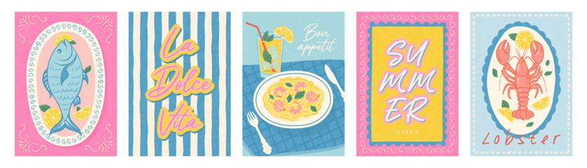 Mediterranean food and summer concept with fish, lobster, shrimp pasta, and citrus in retro postcard style for kitchen decor and seasonal design vector illustration
