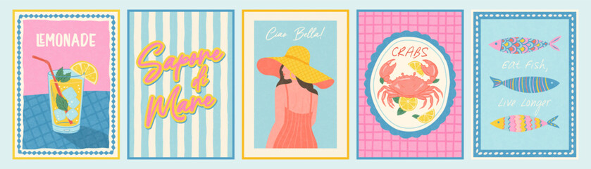 Colorful Mediterranean summer concept with lemonade, italian text on striped background, elegant woman in sunhat, crab, and decorative fish in vintage postcard style for coastal decor, vector
