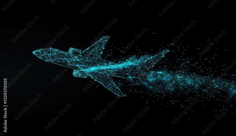 Poster abstract airplane in flight, composed of interconnected lines and shimmering particles