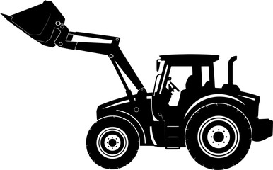 Bold black silhouette of a front loader tractor with an extended arm, perfect for construction logos, machinery designs, and industrial artwork