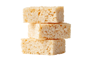 Stack of three rice crispy treats isolated on black background, cut out