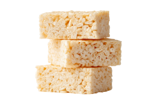 Stack of three rice crispy treats isolated on black background, cut out