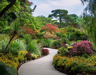 lush botanical garden winding paths diverse flora
