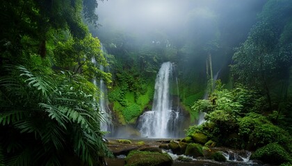 majestic waterfall lush forest misty atmosphere