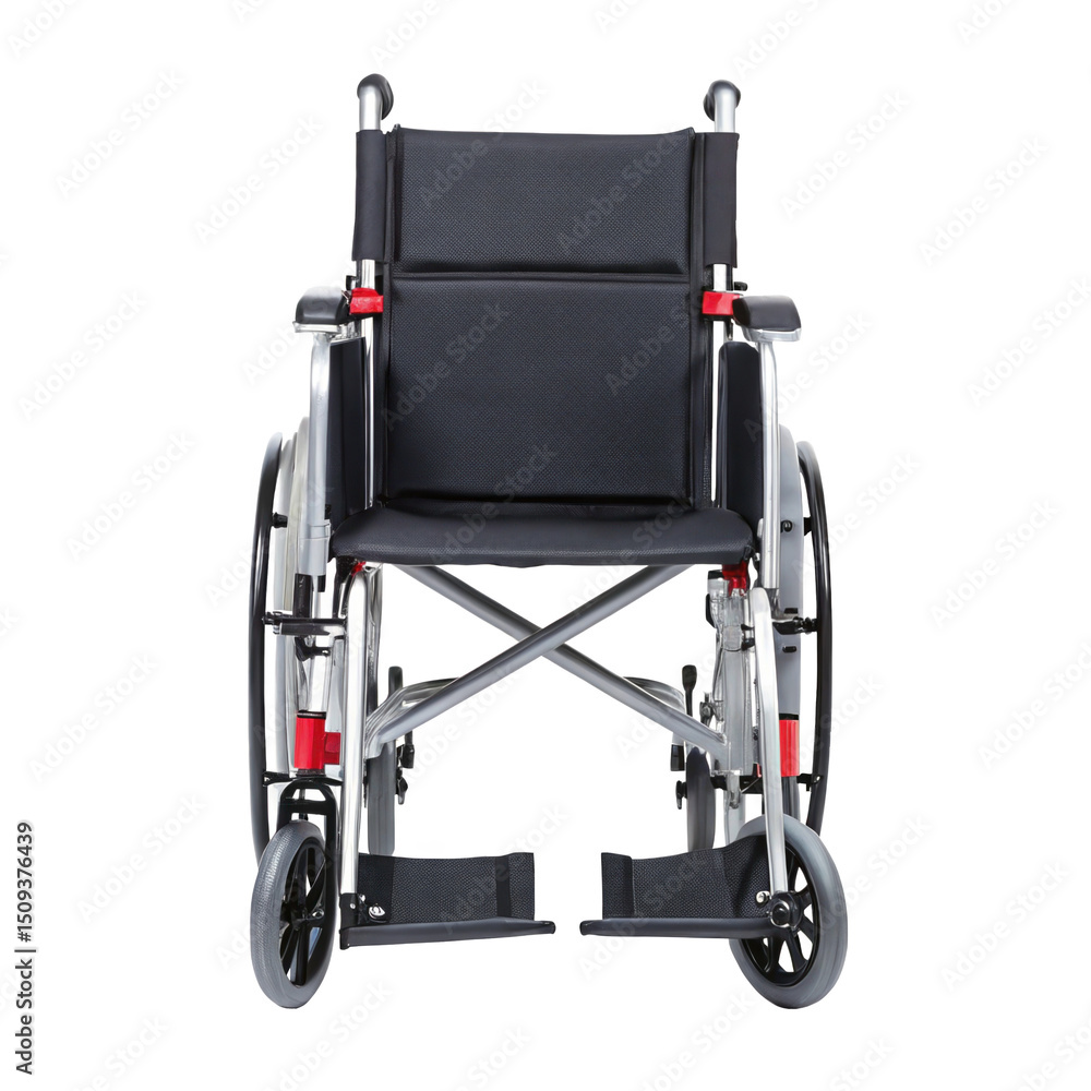 Poster empty wheelchair with brake handles is seen from the front on a transparent background, ready for us