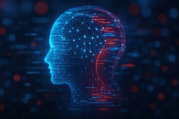 Digital human head silhouette with neural network and data connections on dark tech background