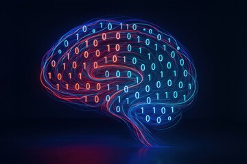 Futuristic digital brain made of binary code and glowing neural lines on dark background