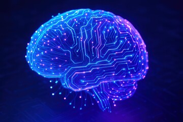 Glowing neon brain with circuit patterns representing artificial intelligence and neural networks