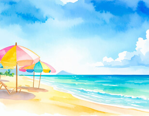 Watercolor Beach Scene: A serene watercolor scene of a beautiful beach with colorful umbrellas and clear skies evokes a sense of calmness.