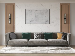 Mock up of a fashionable comfortable living room with a large stylish sofa and an interesting decorative background, 3D rendering.