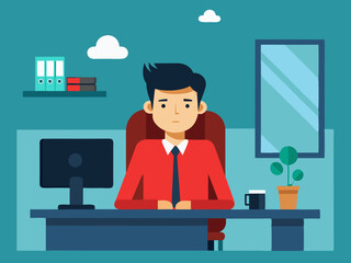 Office Workplace Scene with Man Sitting at Desk Surrounded by Files and Laptop