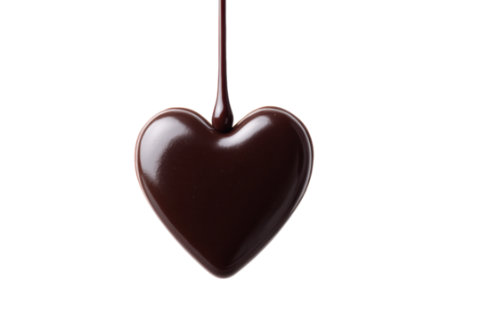 Heart-shaped dark chocolate dripping on black background, cut out