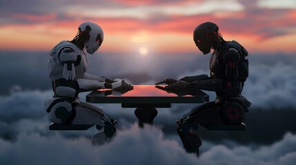 Robots playing chess at sunset above the clouds. AI competition.