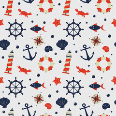 Hand drawn vector seamless pattern with nautical motifs. Cute sea elements in flat style. Sailing background ornament. Red and blue marine wallpaper