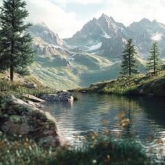 Lake reflects majestic mountains, with lush greenery, trees, and a serene sky