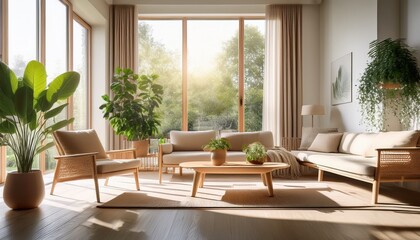 Obraz premium sunlit living room with minimalist decor featuring wooden furniture and plants