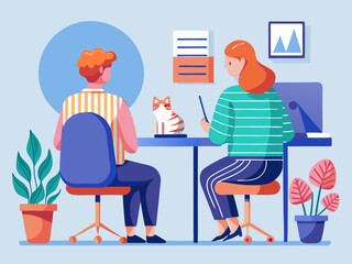 Cozy Office Environment with Woman Engaged in Work Surrounded by Plants and Calendar