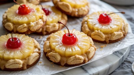 Sugar cookies with pineapple filling, each with a golden caramelized pineapple ring topped with a red cherry.