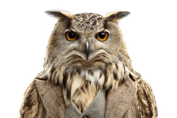 Obraz premium Portrait of a majestic owl in a suit against a black background, cut out