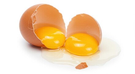 Cracked and Spilled Egg with Dried Yolk on White Background
