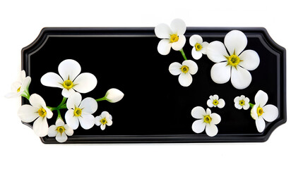 Black card with white tiny flowers. Frame isolated on white background, business card, condolence, and other uses.