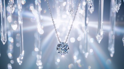 Fototapeta premium Elegant diamond necklace displayed under sparkling crystals studio setting jewelry photography soft focus luxury concept