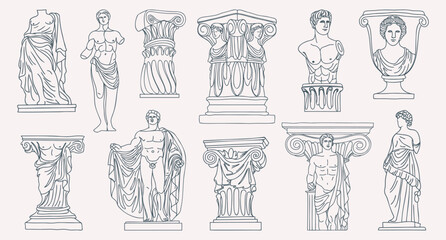 Collection of ancient Greek and Roman sculptures and architectural elements in Line Art. Sketch outline illustration.