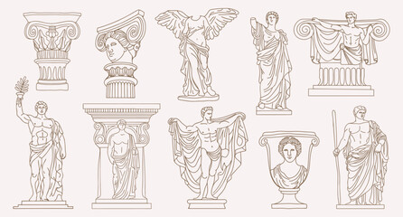 Collection of ancient Greek and Roman sculptures and architectural elements in Line Art. Sketch outline illustration.