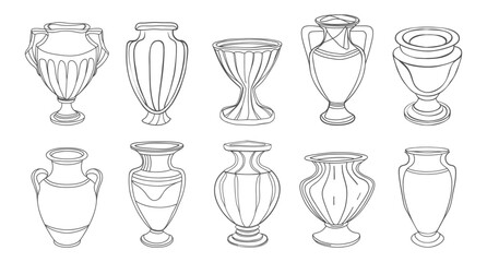 Set of hand drawn antique vases and amphoras. Ceramic vase icons set. Sketch outline illustration.