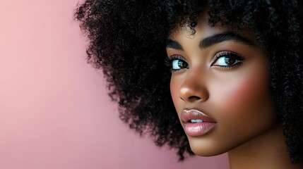 Fototapeta premium Portrait of a woman with afro hairstyle and glossy pink lips. Soft pink background enhances her natural beauty. Celebrating curly hair and self-love for National Curl Crush Day