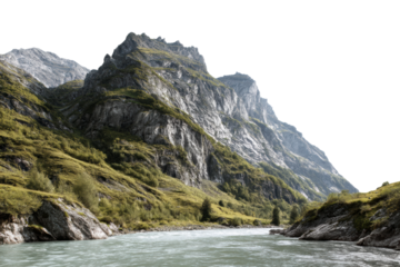 Majestic mountain landscape with lush greenery and flowing river, cut out