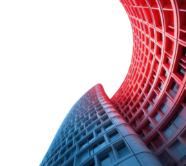 Modern curved architecture with red and blue gradient against black sky, cut out