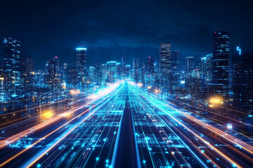 Grid highway leading into neon metropolis background