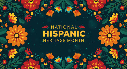 National Hispanic Heritage Month Banner with Colorful Folk Floral Border Illustration on Dark Background