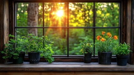 Sunlight streams through window, plants on sill