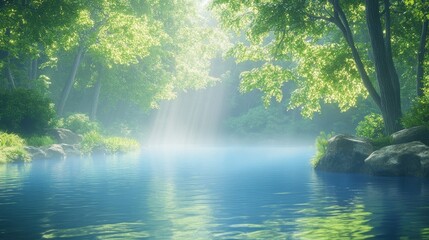 Fototapeta premium Sunlit forest lake scene