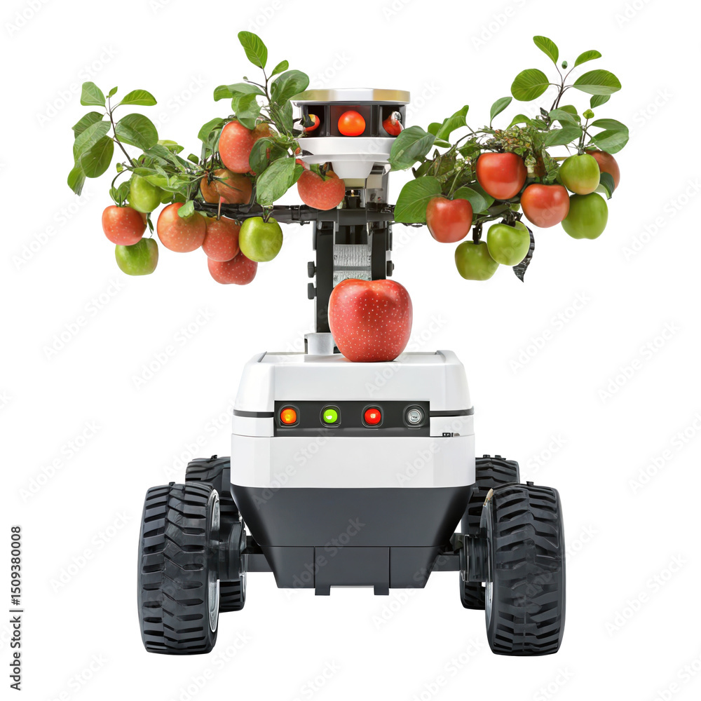 Poster autonomous orchard robot is harvesting ripe, red and green apples from a tree branch, showcasing the
