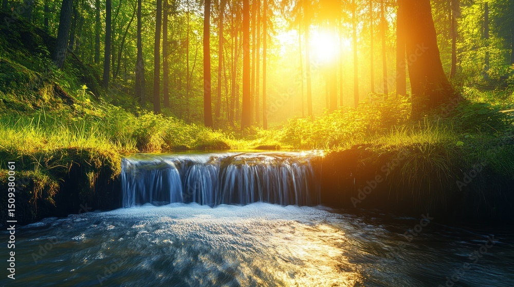 Poster sunlight streams through a lush forest, illuminating a cascading creek