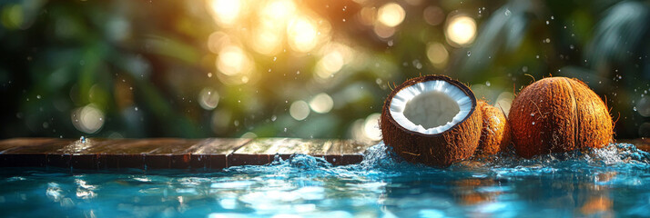 Coconut water splash and splashes on wooden table in swimming pool