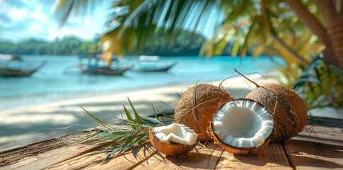 Coconut with palm leaves on a tropical beach.