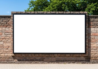 Large Blank Signage on a Street-Level Brick Wall with Natural Light and Tree Backdrop