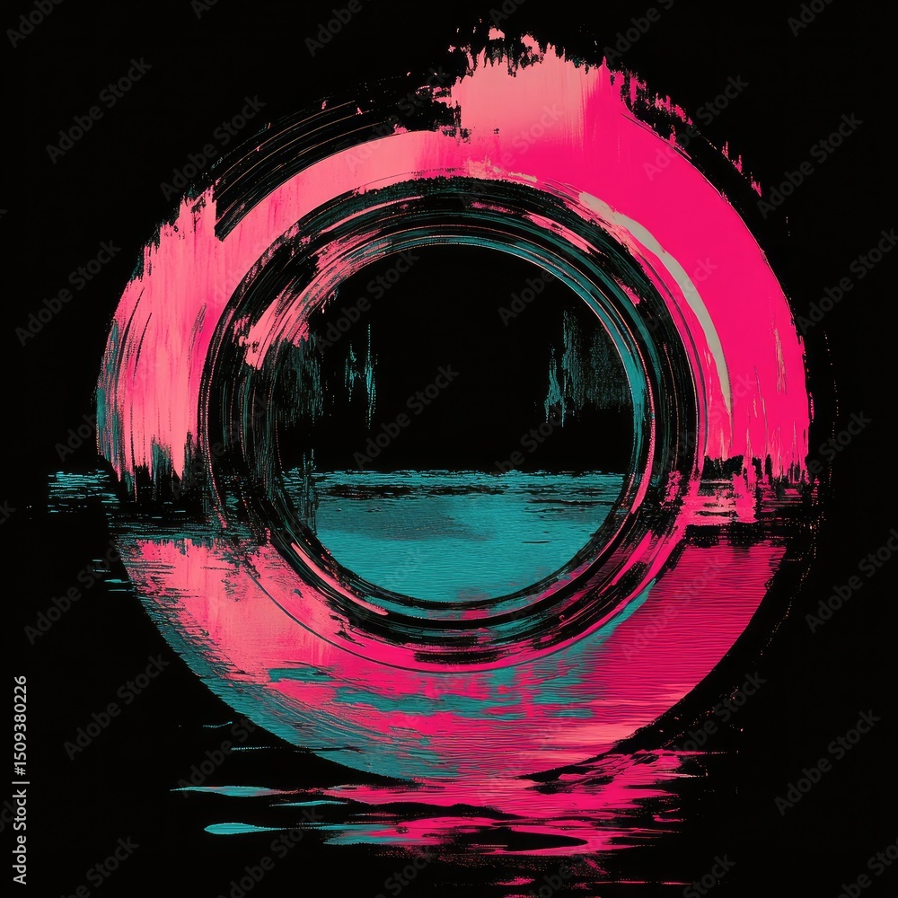 Poster abstract circular artwork with vibrant colors. a pink circle frames a teal inner circle, reflecting 