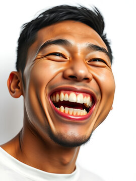 young asian man smiling and showing his crooked teeth isolated over white background. dracula teeth and bucktooth concept. overlapping teeth of man