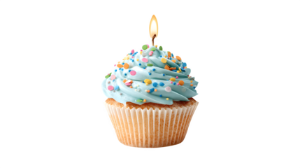 Celebratory cupcake decorated with light blue frosting, colorful rainbow sprinkles, and a single lit birthday candle on top. Sweet party treat. Isolated on transparent background.