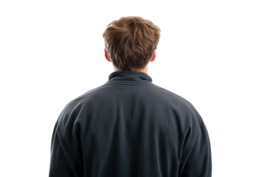 Back view of young caucasian male with brown hair in black jacket, cut out