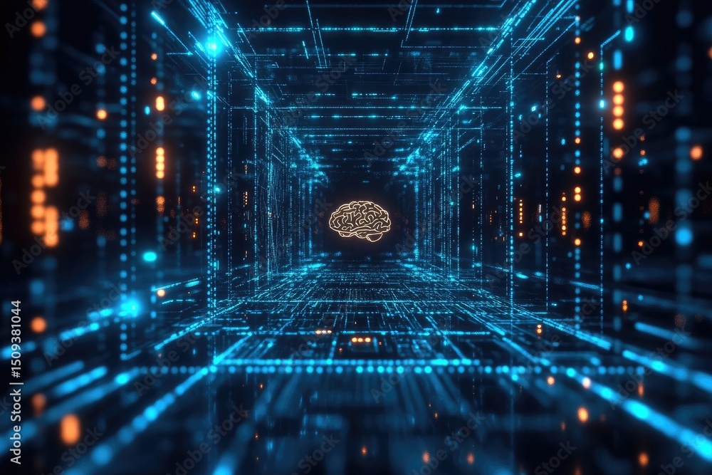 Aufkleber digital brain in a network of glowing lines. a stylized representation of a brain in the midst of a 